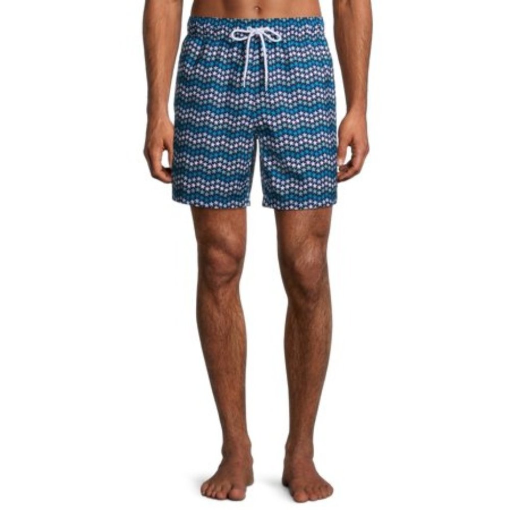 George Men's  6" Chevron White and Blue Stars Swim Trunks-2XL